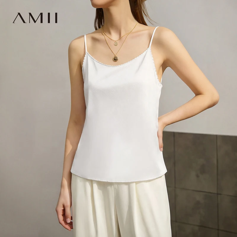 Amii Women's Camisole Top 2026 Summer U-Neck Straight Fit Sleeveless Satin Vest Spaghetti Strap Layering Tank For Women 12622085