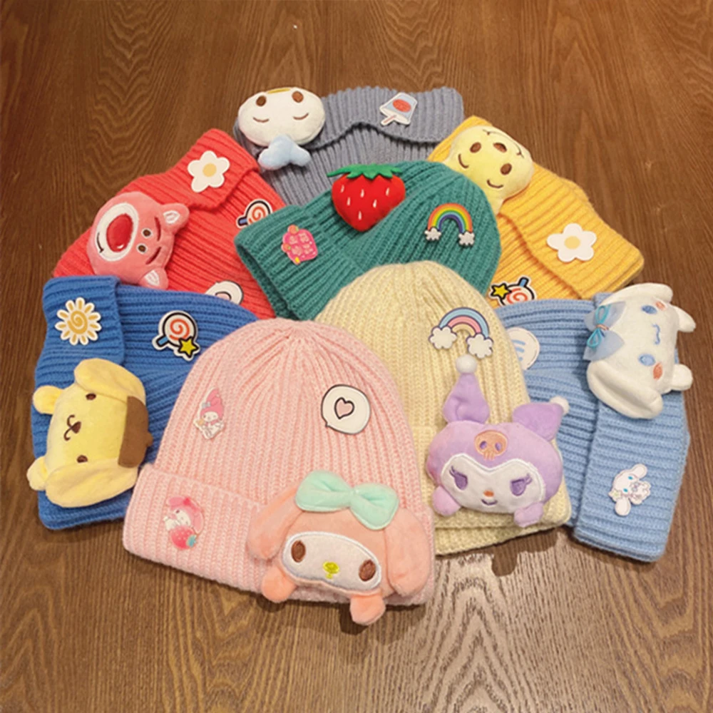 

Anime Sanrio Plush Knitted Hat My Melody Cinnamoroll Kuromi Kids Knitted Cap Soft Stuffed Plushie Winter Kids Hat Christmas Gift