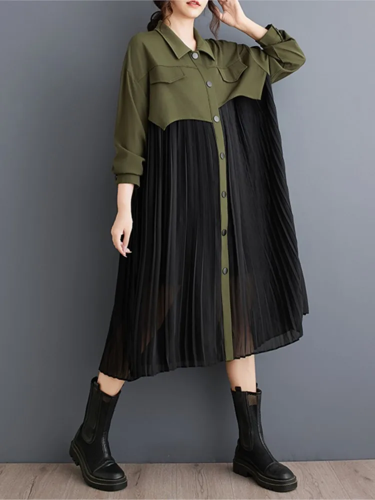 Oversized Autumn Shirt Dress Women Patchwork Fashion Ruffle Pleated Loose Ladies Long Dresses Casual Long Sleeve Woman Dress