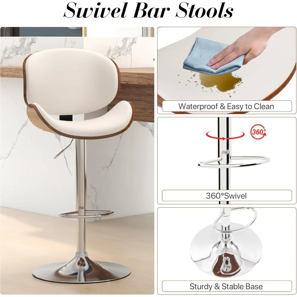 Bar Stools Set of 2, Swivel Adjustable Height, PU Leather Upholstered Bar Chairs with Footrest, Bentwood Bar Stool