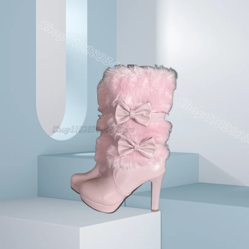 

Pink Fur Bowknot Decor Boots Round Toe Leather British Style Spring Casual Party for Women Short Boots 2026 Zapatos Para Mujere