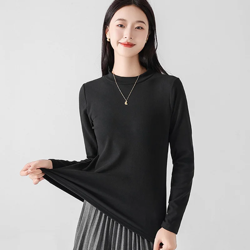 Autumn Winter Fleece Lined Pullovers for Women Crew Neck Long Sleeve Bottoming Shirt Woman Basic Solid Color Pullover Female
