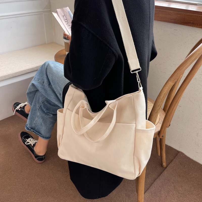 Lazy Wind Canvas Big Bag New Korean Version Of The Single Shoulder Crossbody Bag Female Simple Literary Solid Color Bag