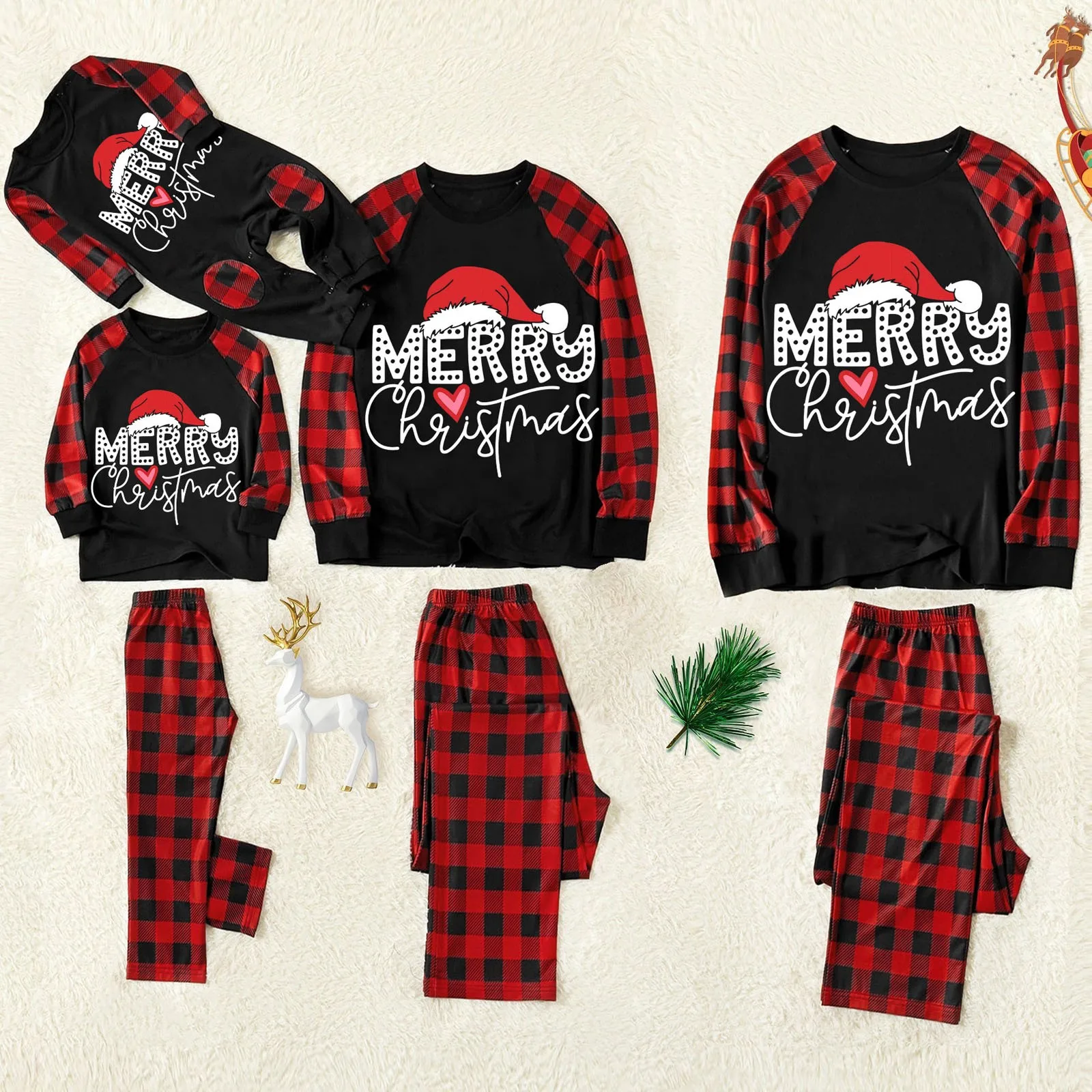 Hirigin Family Matching Pajamas Christmas Hat Print Long Sleeve Tops and Elastic Plaid Pants Set for Loungewear Soft Sleepwear