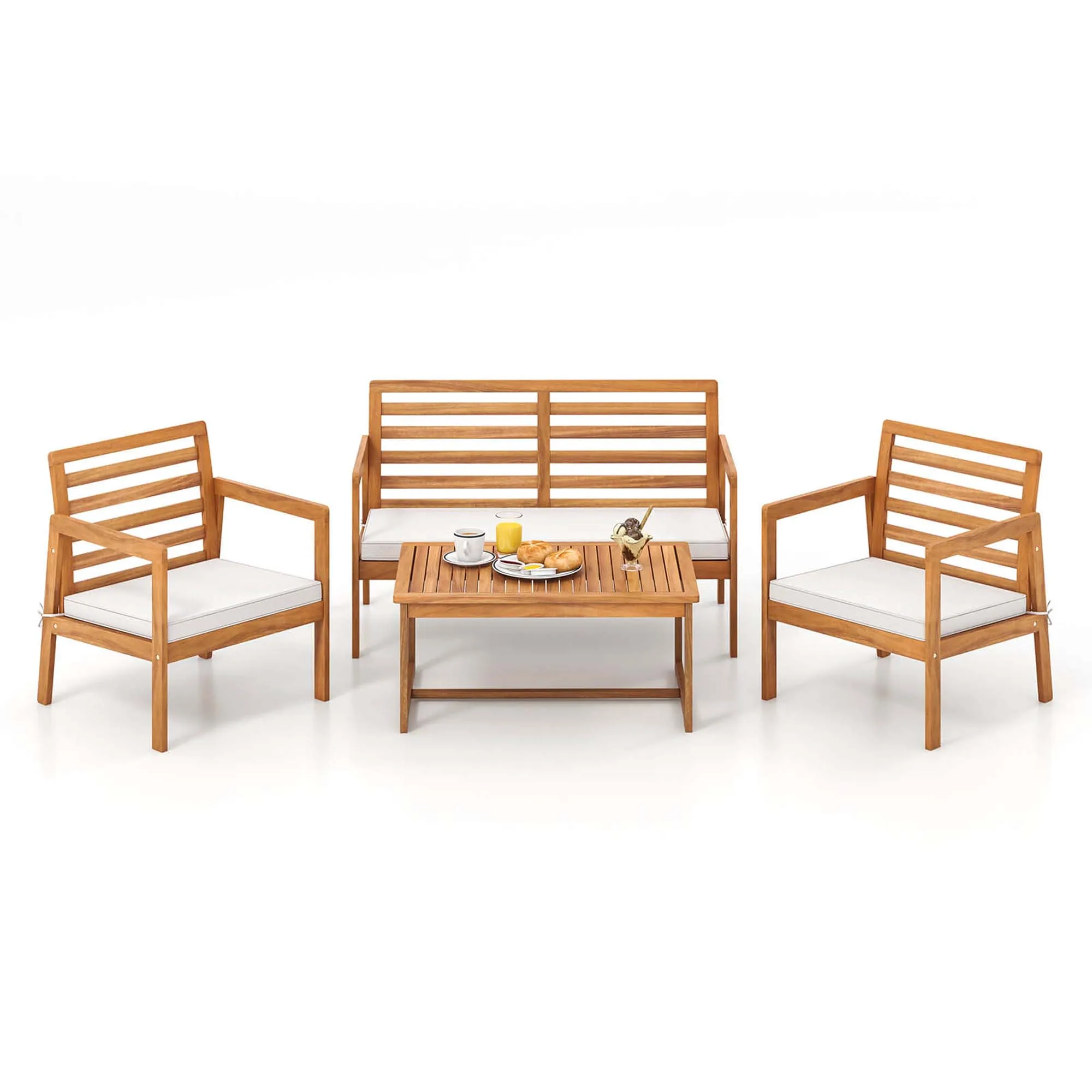 4 PCS Wood Patio Furniture Set with Soft Seat Cushions Solid Acacia Wood Frame