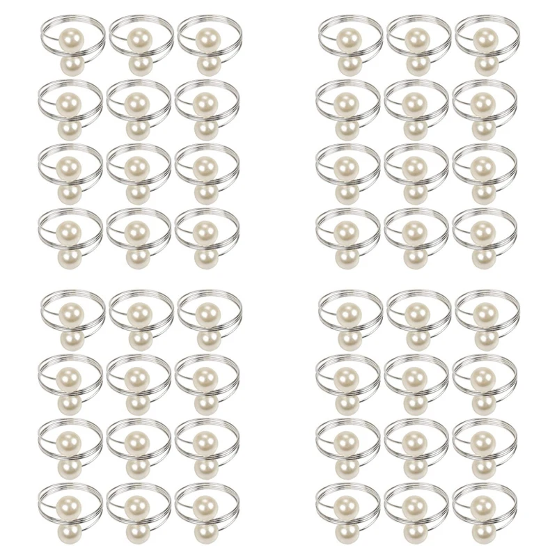 

48 Pcs Pearl Napkin Buckle Hoop Napkin Rings Circle Serviette Holder For Wedding Hotel Supplies Table Decoration,Silver