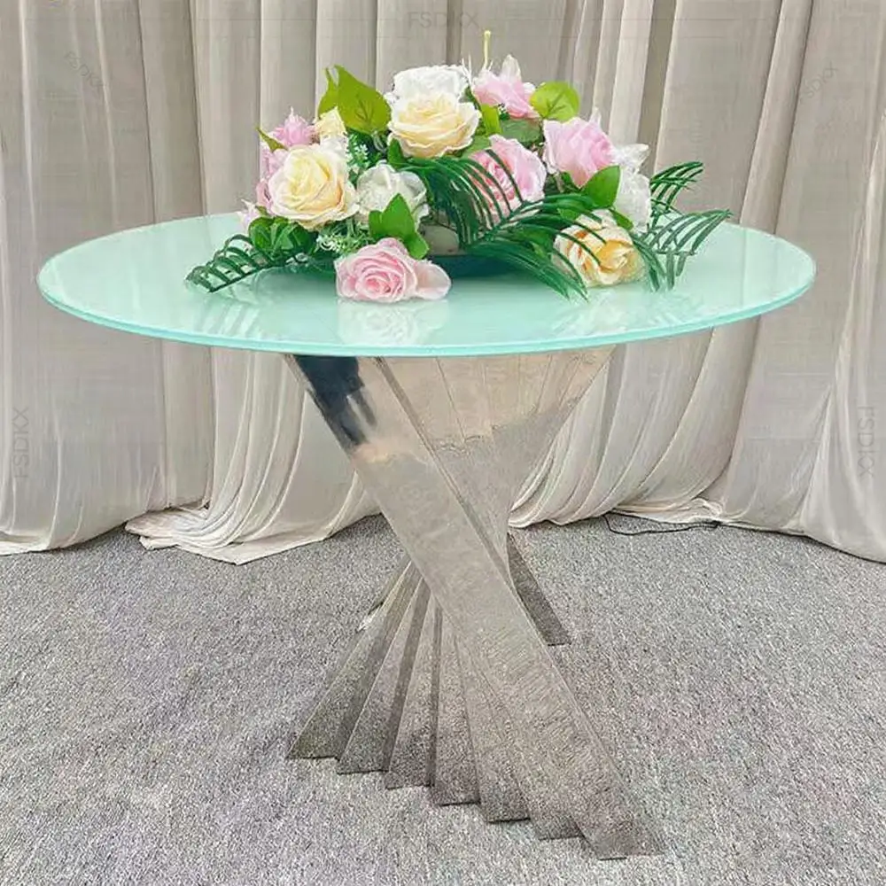 FSDKX Special Luxury Africa Style Round Clear Glass with Stainless Steel Gold Base Wedding Cake Table Furniture