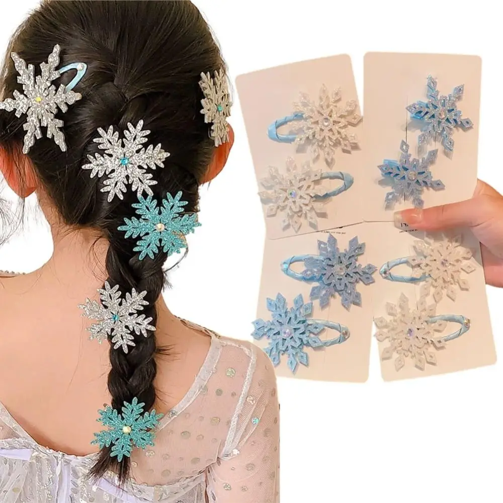 2Pcs/set Snowflake Hair Clip Blue White Christmas Hair Accessories Xmas Bow Hair Clip Festive Snowflake Hairpins Party Gifts