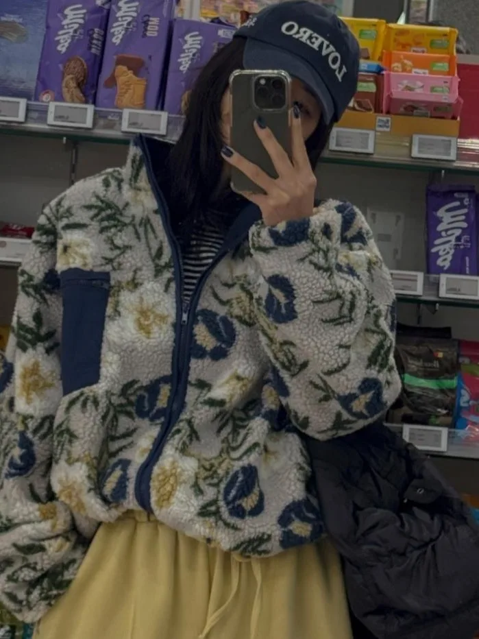 Chic Winter New Vintage Lamb Fur Floral Patchwork Color Coat Women Loose Nordic Sle Warmth Trendy Outerwear ort Jaet