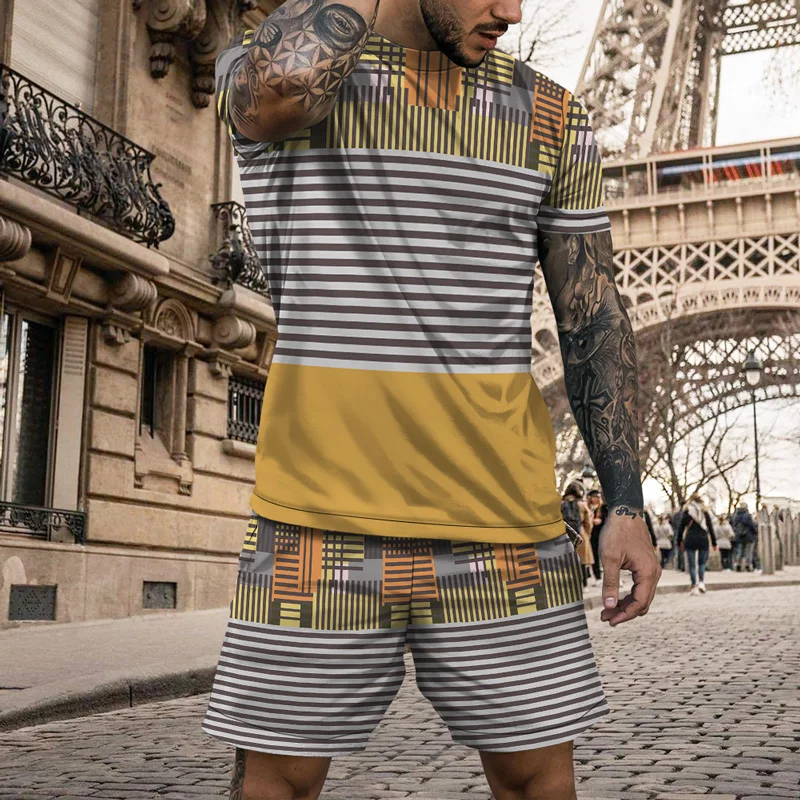 T-shirt manches courtes pour hommes, ensemble deux pièces, mode décontractée, tenues courtes, Streetwear, motifs géométriques imprimés Vintage, été 2023