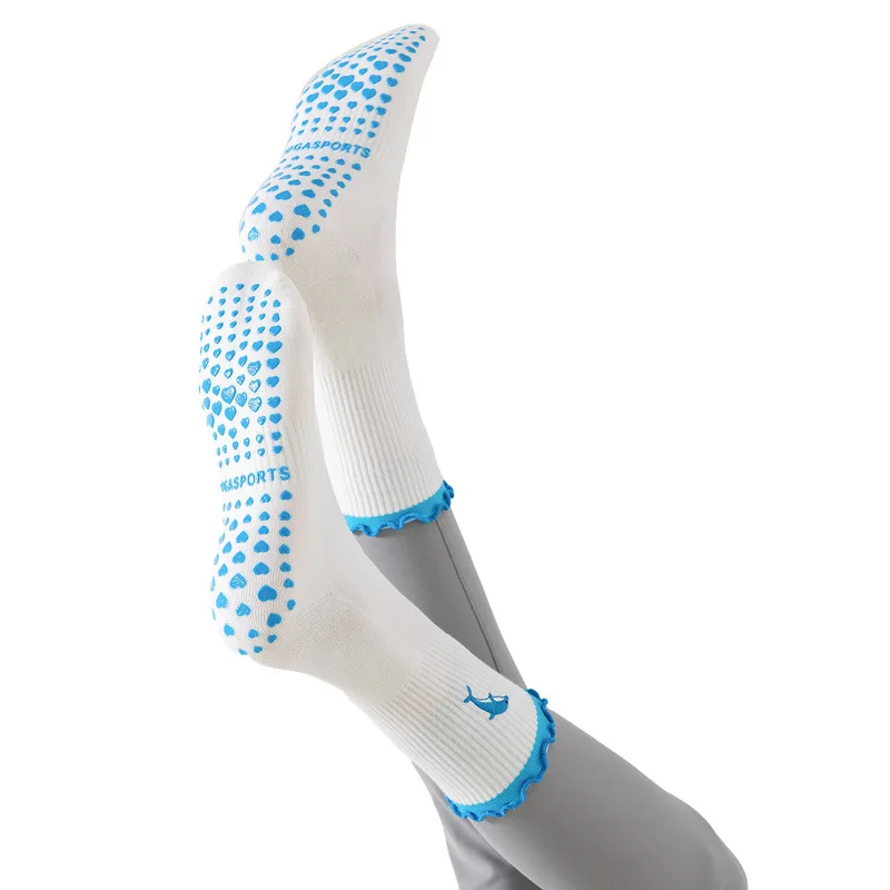 Yoga Pilates Socks, White Non Slip Mid-Calf Cotton Socks, Cute Animal Embroidery Ruffled Edge Socks