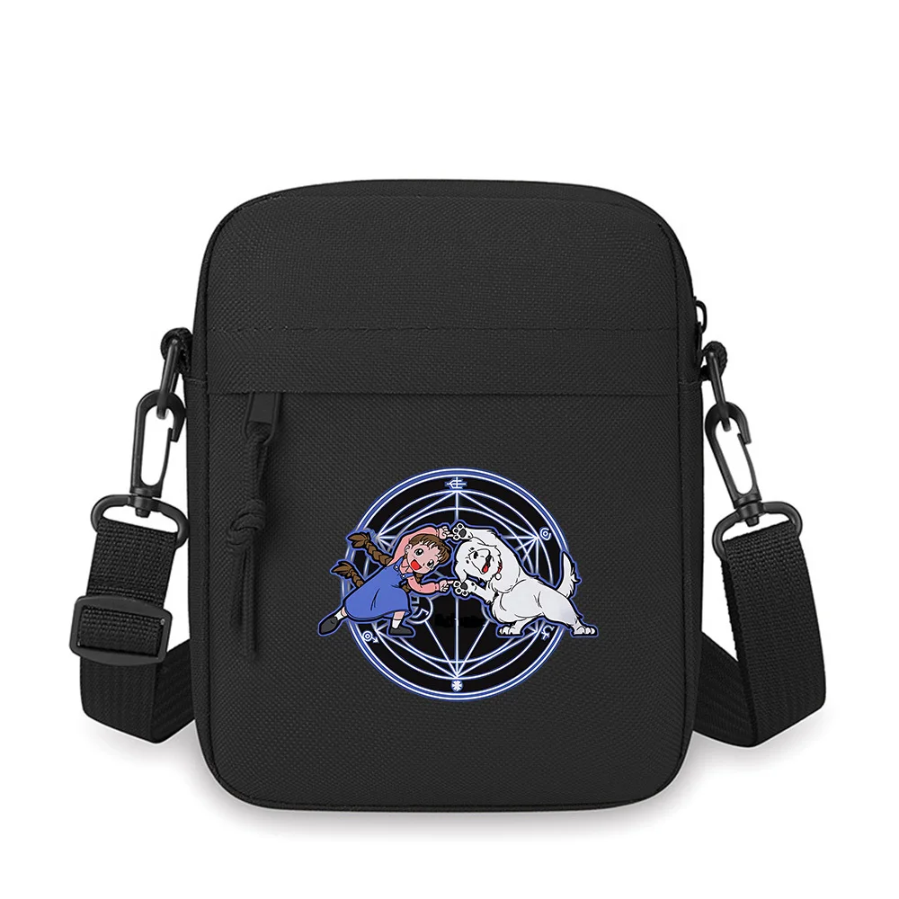 

Girl and dog dancing alchemy circle Men Crossbody Bag Single Shoulder Women Cartoon Anime Film Printing Design Unisex