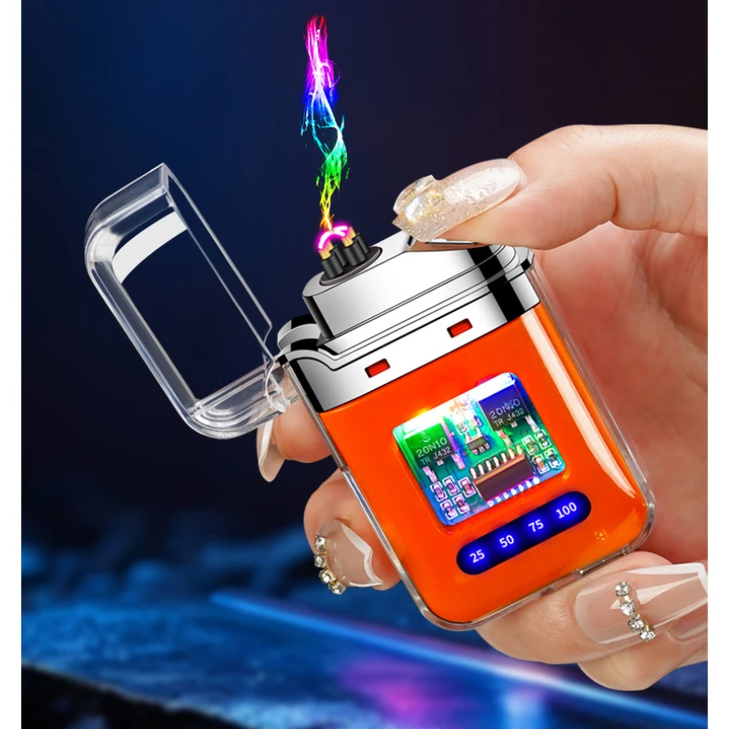 Small and Transparent Case Electronic Pulse Windproof Dual Arc Charging Lighter Color Battery Display Cigarette Lighter