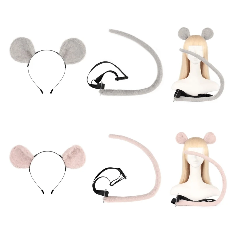 Q0KE Costumi Cosplay per animali Pelliccia sintetica Topo Gatto Volpe Coda pelosa e orecchie Fascia per accessori per da