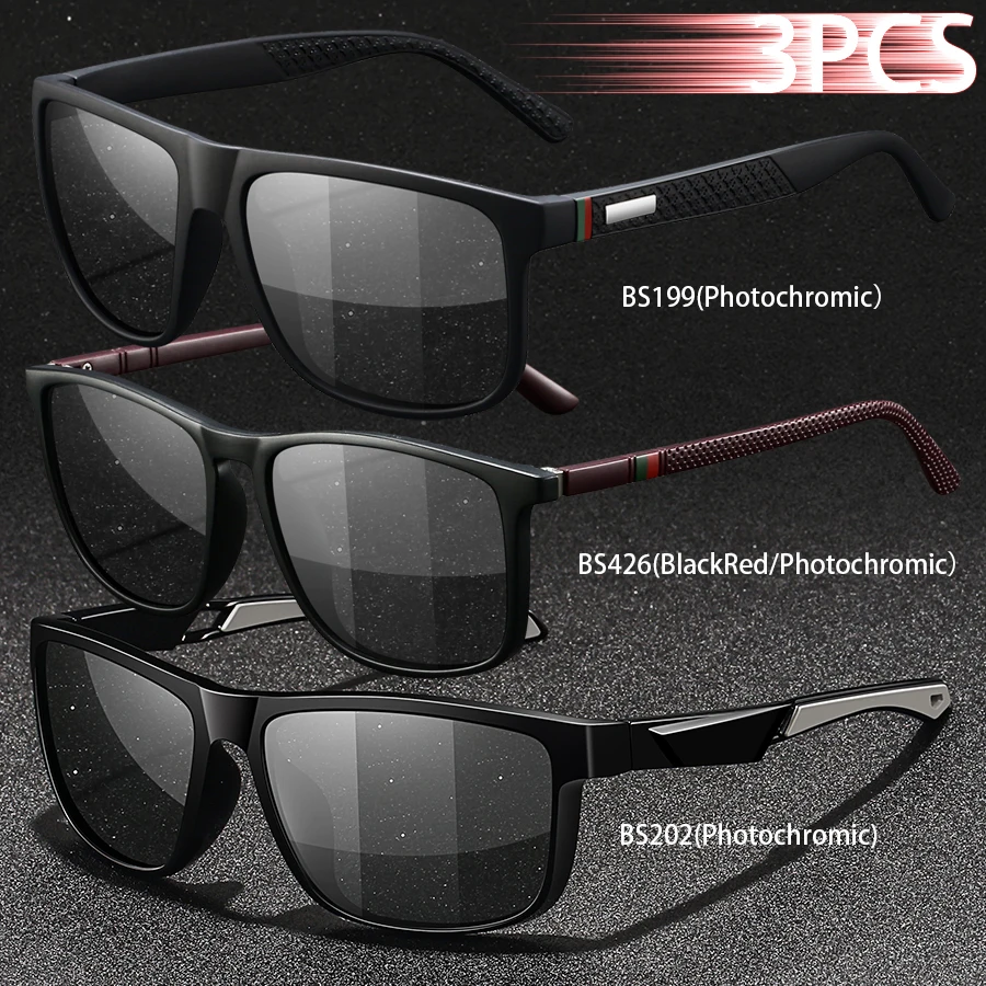 3PCS Photochromic Polarized Sports Vintage Sunglasses Men Women Cycling Driving Mountaineering Chameleon Sun Glasses UV400Eyewer