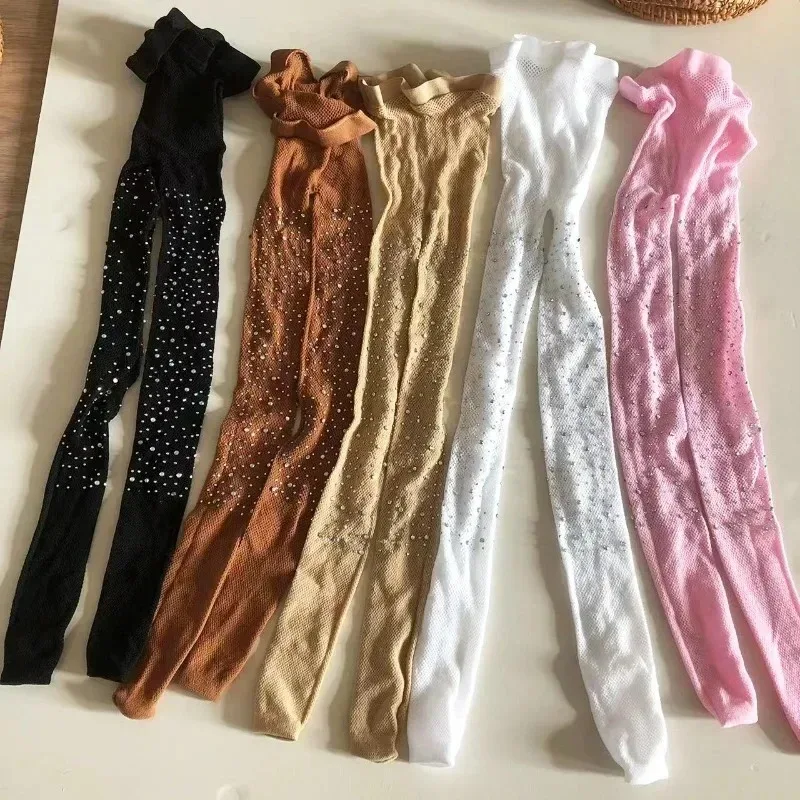 Summer Kids Girls Fashion Mesh Fishnet Stockings Hollow Lace Rhinestone Glitter Pantyhose for Children Baby Clothes Hosiery