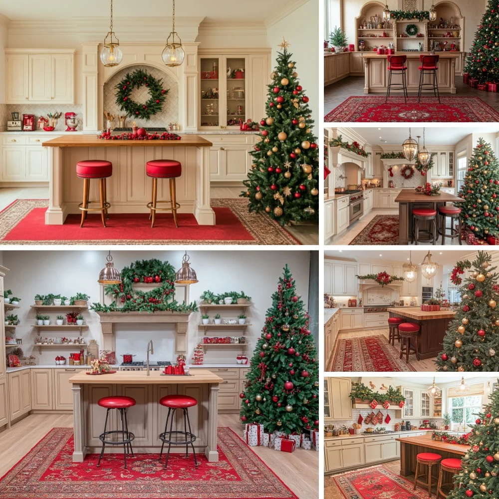 Christmas Home Kitchen Xmas Tree Wreath Decor Photography Backdrop Holiday Portrait Background for Studio Booth Shooting Prop