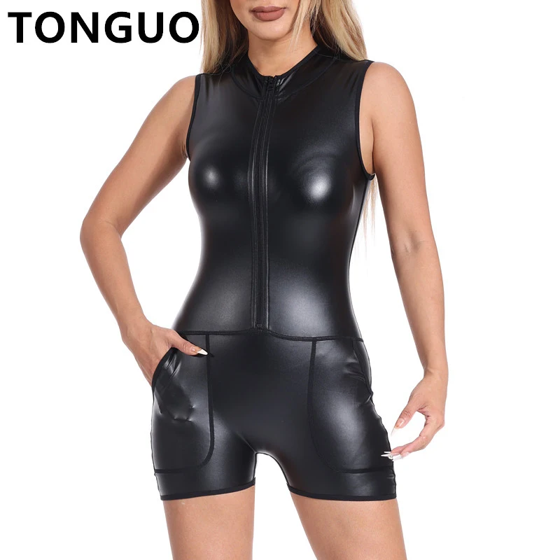 Women Sexy One Piece Shaper Metallic Front Zip Mock Neck Catsuit Bodysuit Leather Short Jumpsuits Tank Top Shapewear with Pocket