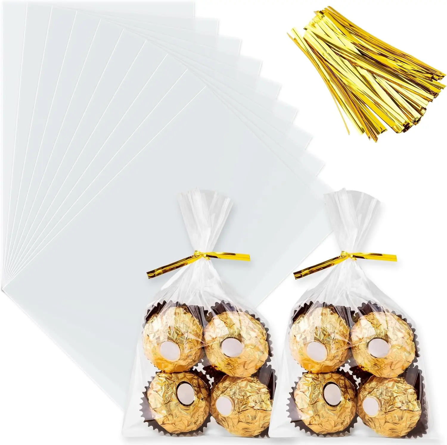 100 bolsas de celofán transparentes de 4x6 pulgadas con lazos giratorios de colores, bolsas de dulces de plástico transparente para galletas y palomitas de maíz