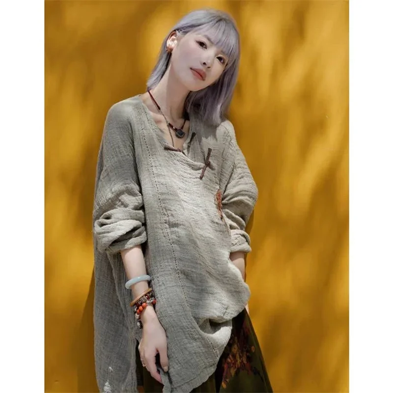 

Chinese Style Khaki Blouse Women Summer New Frog Button Breathable Hemp Womens Shirt Loose Casual Long Sleeve Tops