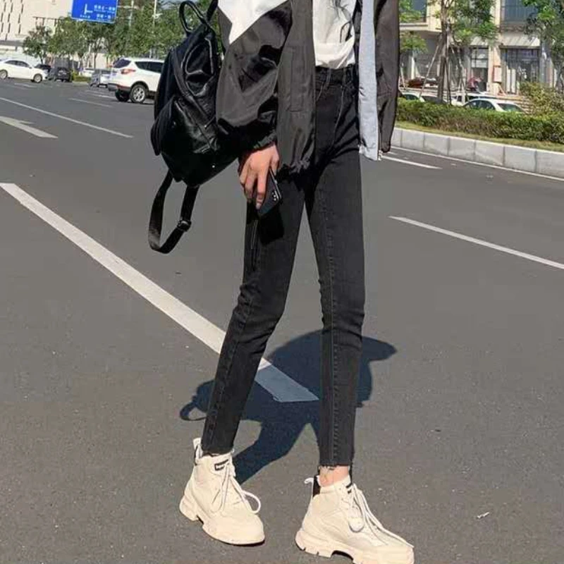 Ankle-length Jeans Women Skinny Fashion Simple Students Slight Strech Daily Spring Solid Korean Style High Waist All-match Cozy