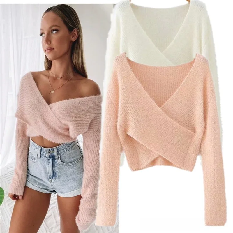 

Trendy Street Sle Women's Knitted Sweater V-Ne Navel Furry Design Autumn Winter ort Length Organic Cotton