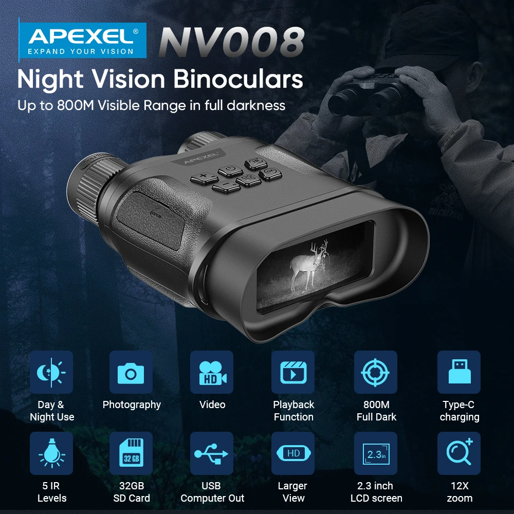 APEXEL NV008 Night Vision Device Infrared Binoculars Digital Military Scopes 4-12x Zoom Hunting Telescope Day and Night Dual Use