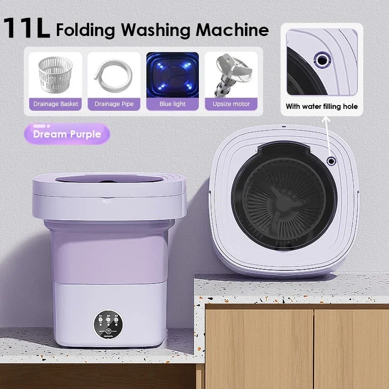 11L Portable Folding Washing Machine for Clothes Socks Underwear Mini Cleaning Washer Large Capacity Clothes Spin Dryer Bucket