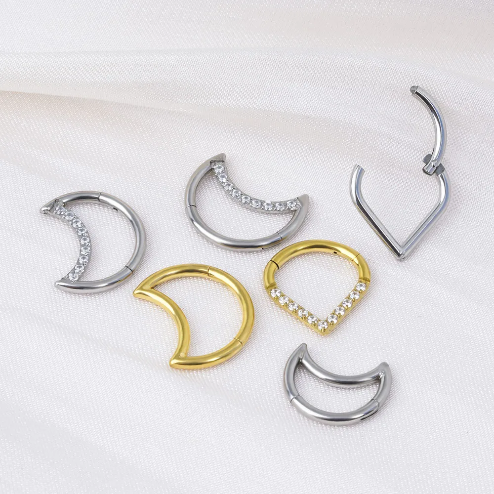 F136 Titanium Hinged Tear Drop Segment Ring Septum Nose Clicker Piercing Cz Lip Labret Ear Tragus Cartilage Daith Helix Earring view 4