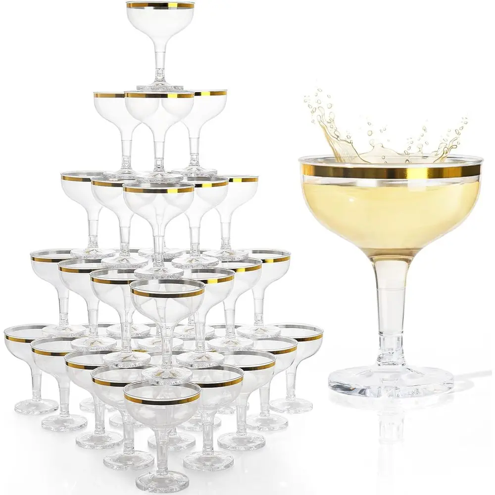 

100 шт. пластиковых бокалов для шампанского 5,4 унции с золотой каймой, одноразовые прозрачные стаканы для вечеринок