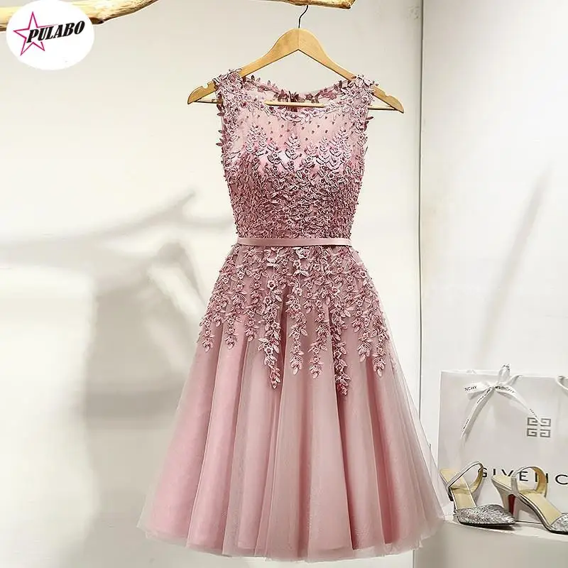 

Hot Sell Elegant Knee Length Women Girls Dresses Appliques Beads Formal Party Dresses Pink Red Light Blue Female