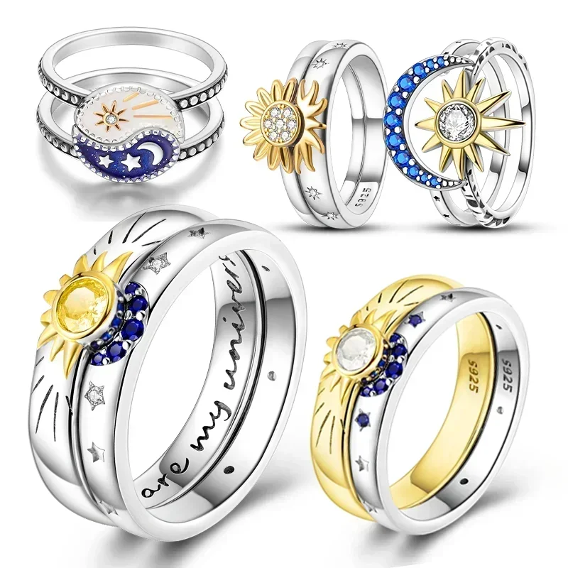 Heißer Verkauf Original Sterling Silber Frau Ring Galaxie blau Zirkon Sonne Stern Mond Hochzeit Stapel ring Schmuck Geschenk für Frauen