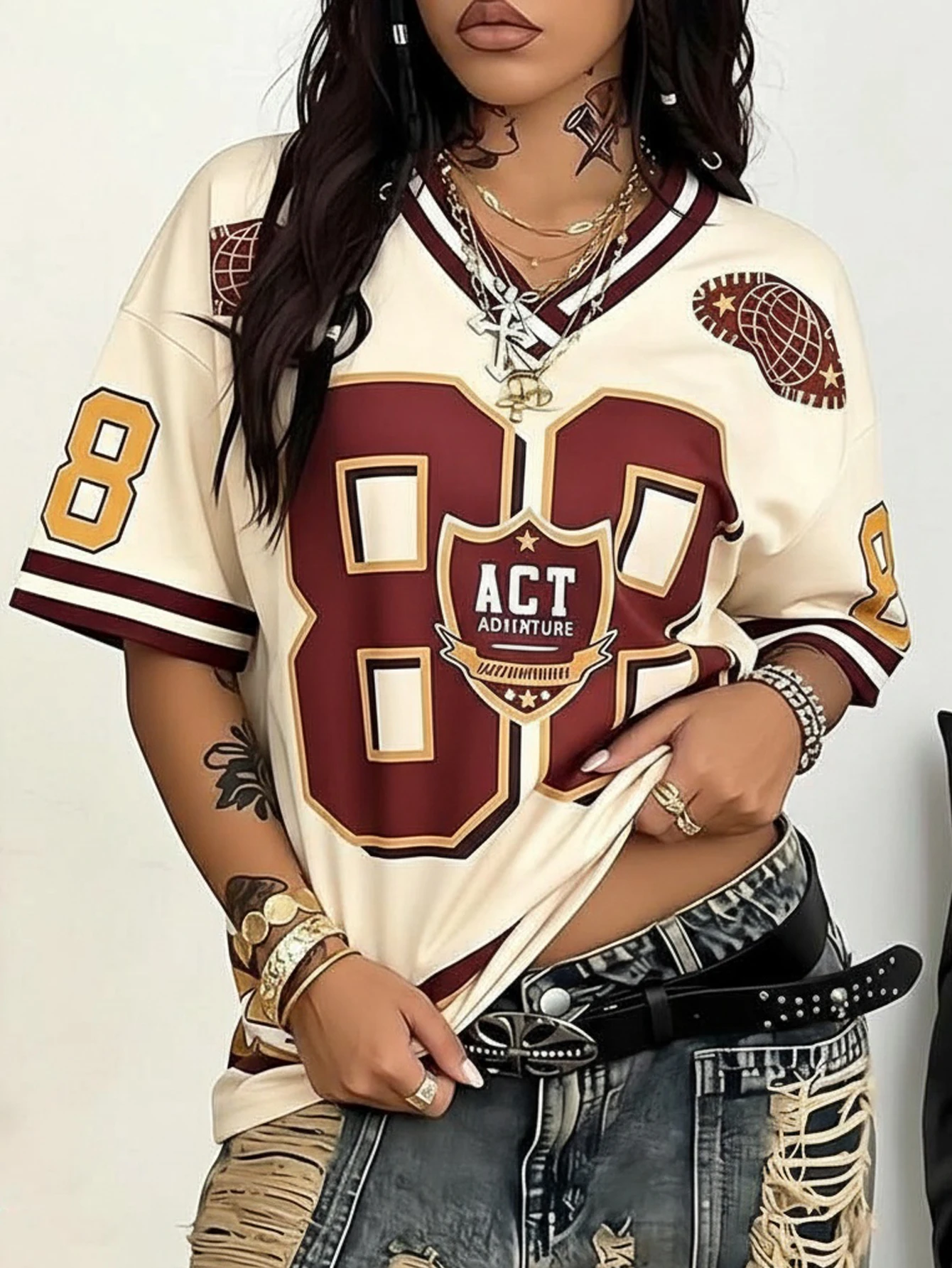 플러스 사이즈 여성 의류 2025 신상 V넥 디지털 프린트 티셔츠 풀오버 탑 데일리 필수템