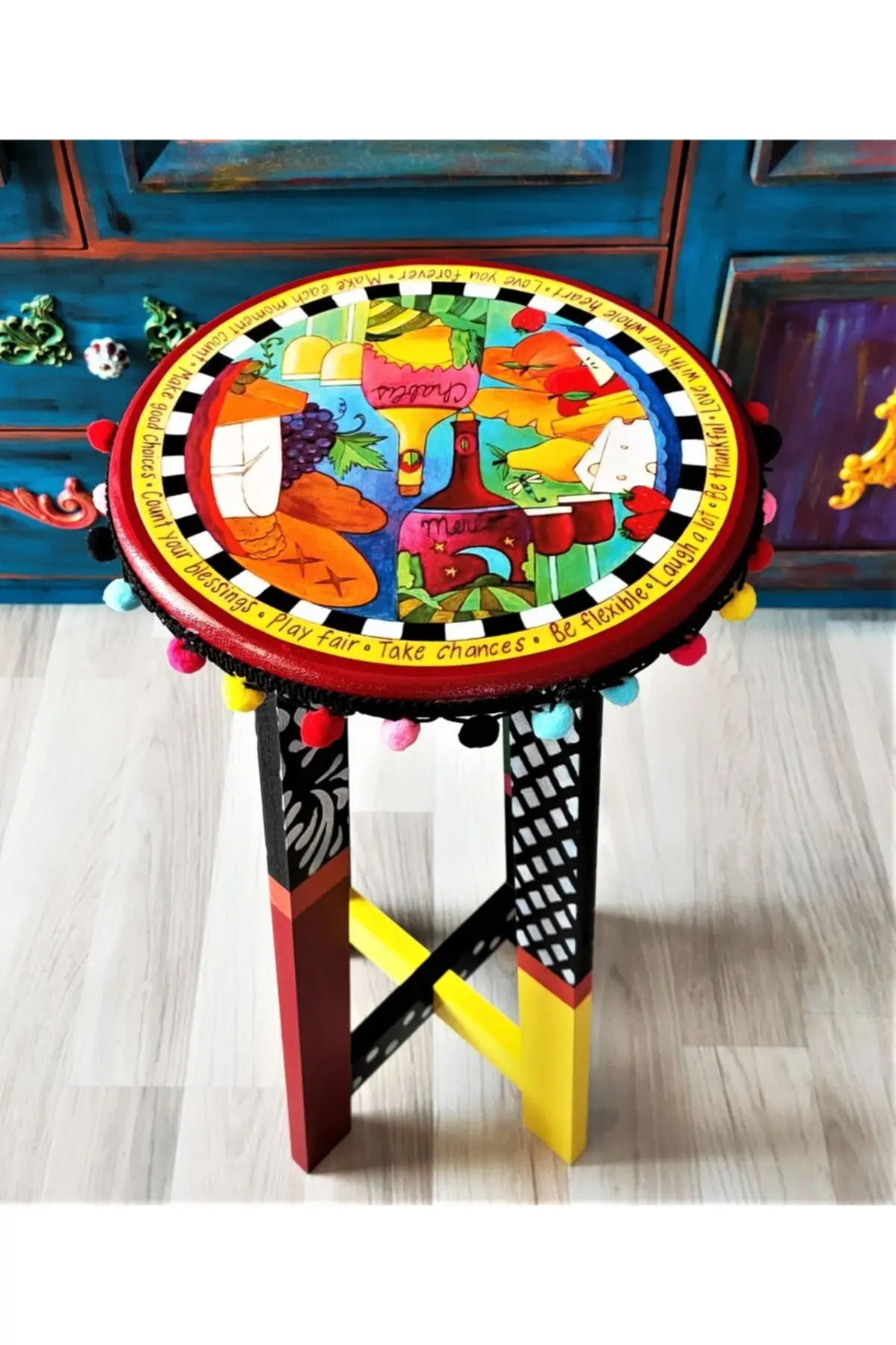 Taburete de madera, mesa de centro moderna pintada a mano