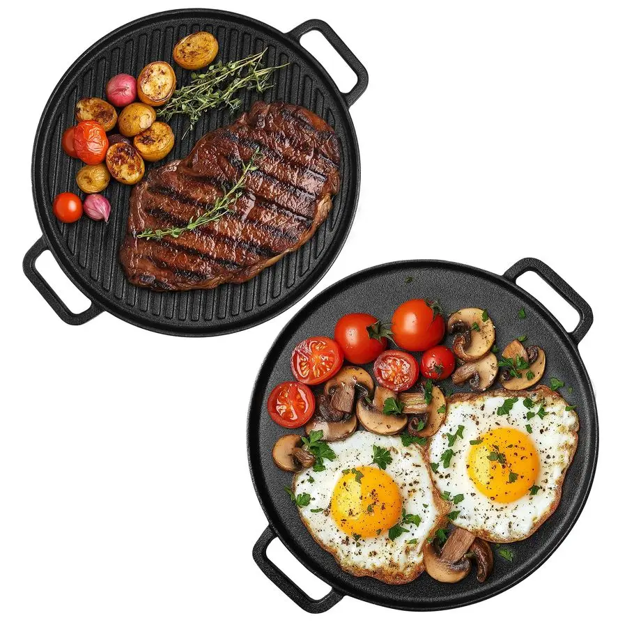

Reversible Cast Iron Grill Griddle 1230cm PreSeasoned with Handles, Flat amp Ribbed Griddle Plate, Perfect for Stove, Grill, Ove