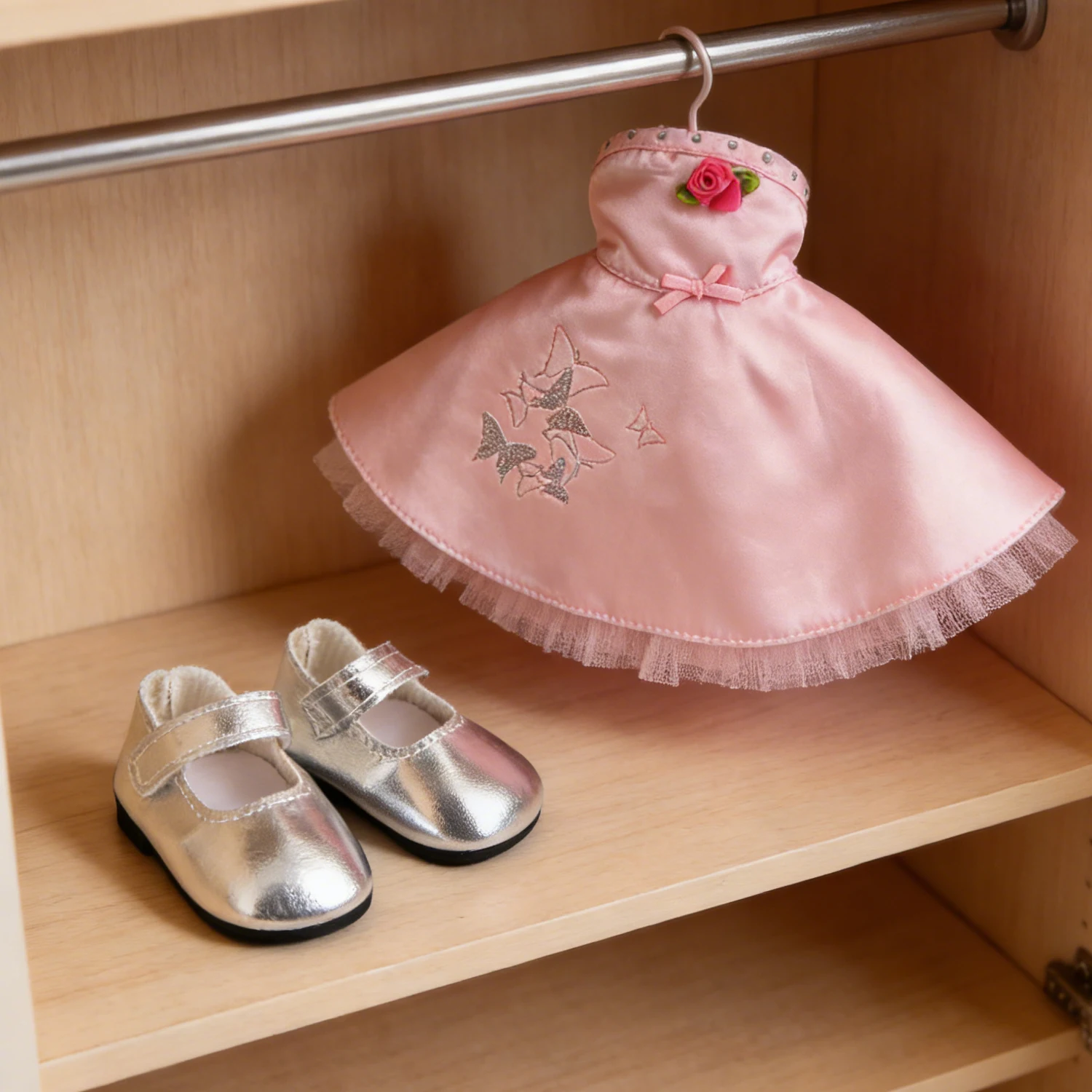 Conjunto de vestido de muñeca americana de 14 pulgadas, falda de flores rosas + zapatos de cuero PU plateados de 5cm, traje para muñecas de niña de 30-35cm, muñeca Nancy Lisa