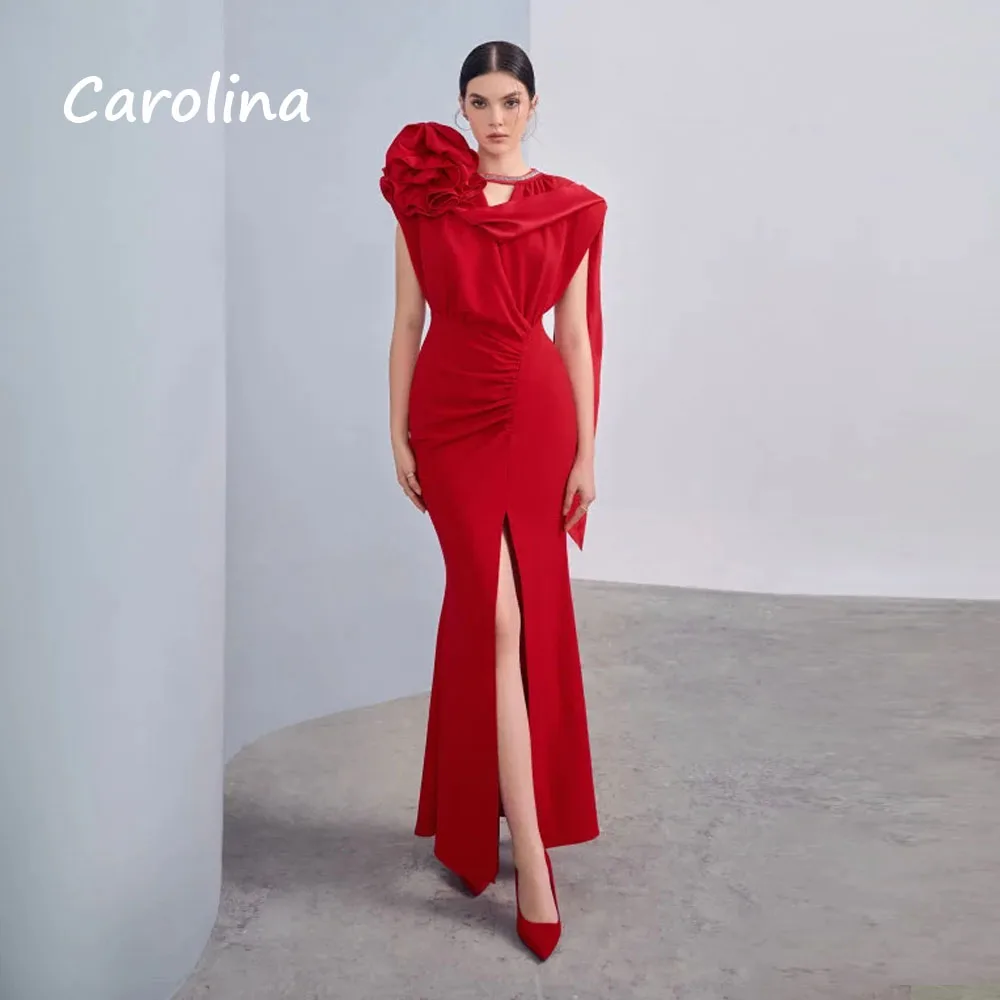 

Carolina Red O-Neck 3D Flowers Crepe Mermaid 2024 Slim Short Sleeves Ocassion Gown Ankle-Length Formal Evening Dress