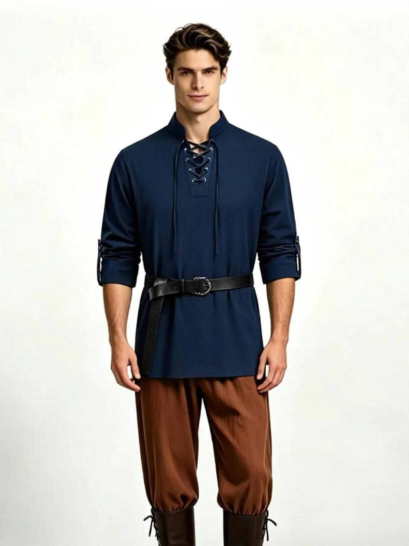 Men's Medieval Lace Up Tunic Shirt Renaissance Viking Pirate Costume Long Sleeve Retro Tops with Belt for Halloween Cosplay