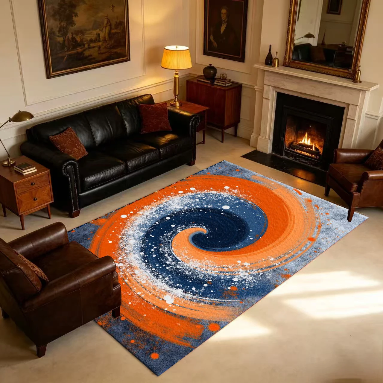 Orange Navy Blue Swirl Paint Splatter Abstract Art Carpet Floor Non-Slip Mat