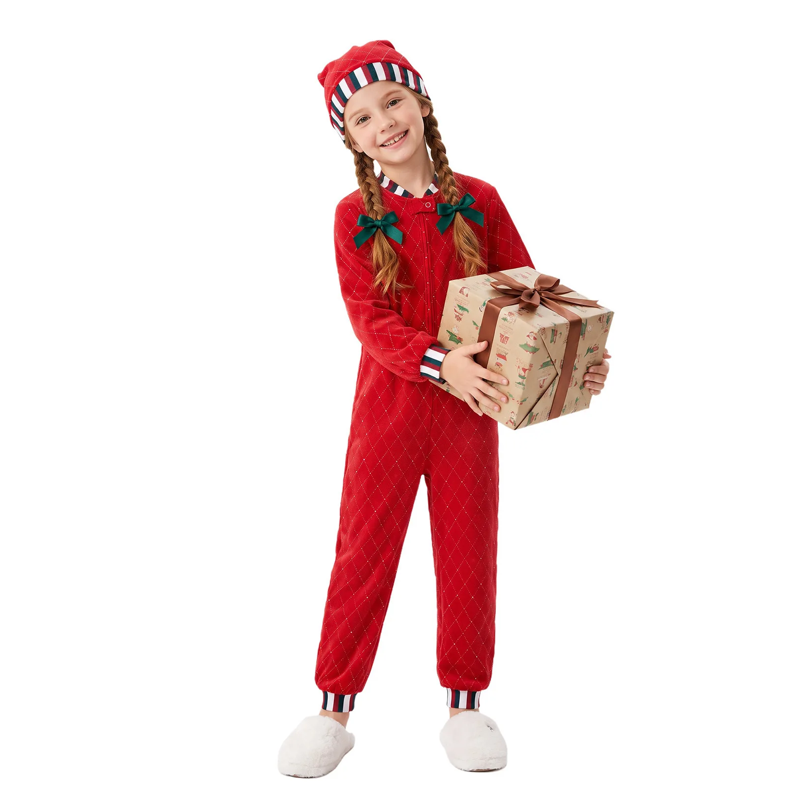 Kids Girls Christmas Elf Santa Helper Cosplay Costume Long Sleeve Rhinestone Velvet Jumpsuit with Hat for Holiday Xmas Party