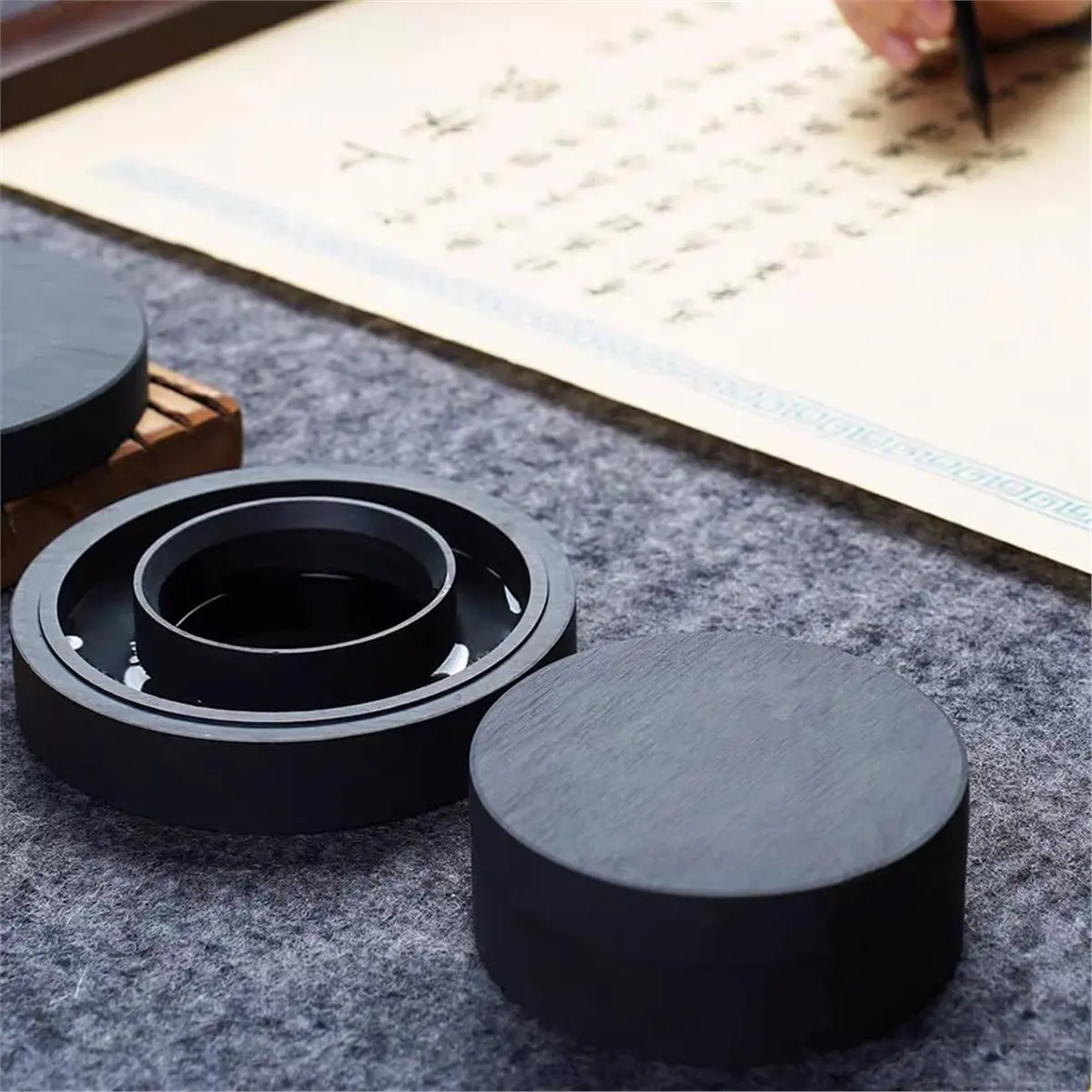 Big Discount She Inkstone Chinese Calligraphy Ink Stone with Dual-Circle Design, Prevents Drying, Dia. 4.9