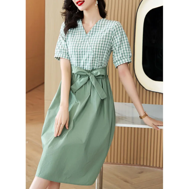 2024 Summer New Fashion Slimming Cotton and Hemp Splicing Plaid V-Neck Bandage Elegant Casual Short Sleeve Women's Dresses