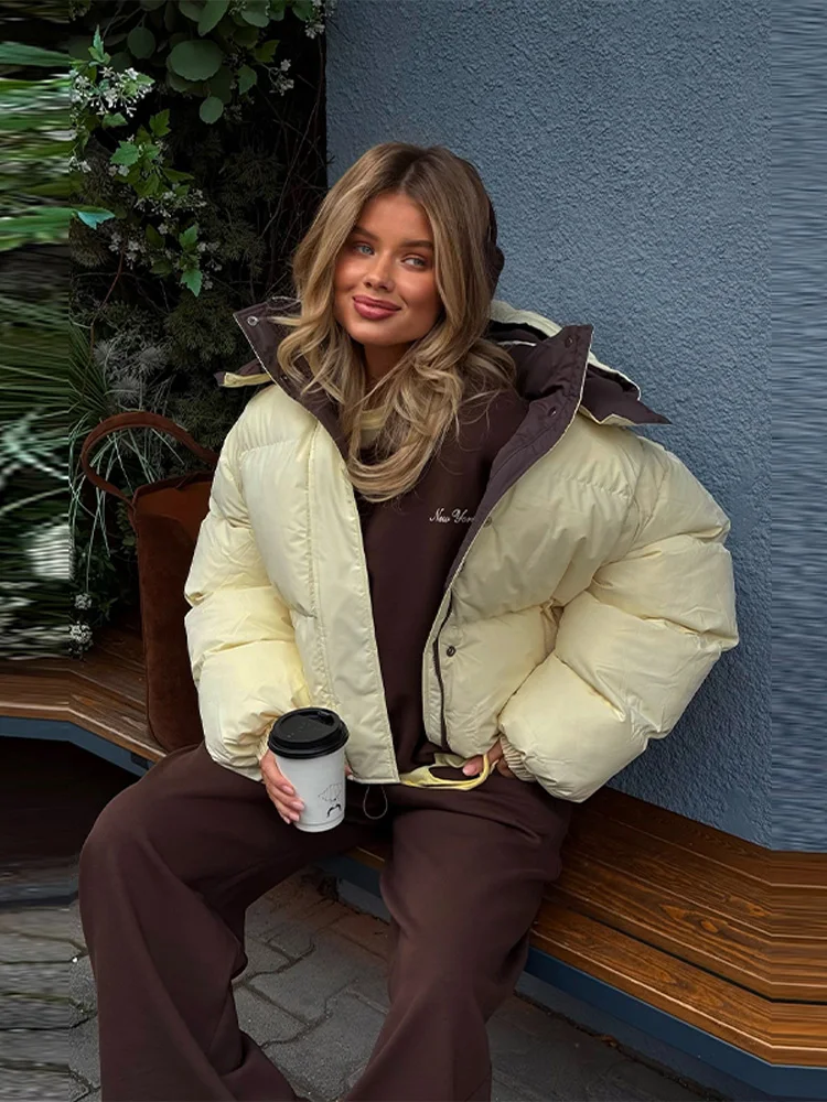 Reversible Women Cotton Padded Jacket Hooded Zipper Long Sleeve Female Short Coats 2025 Autumn Winter Chic Lady New In Outerwear