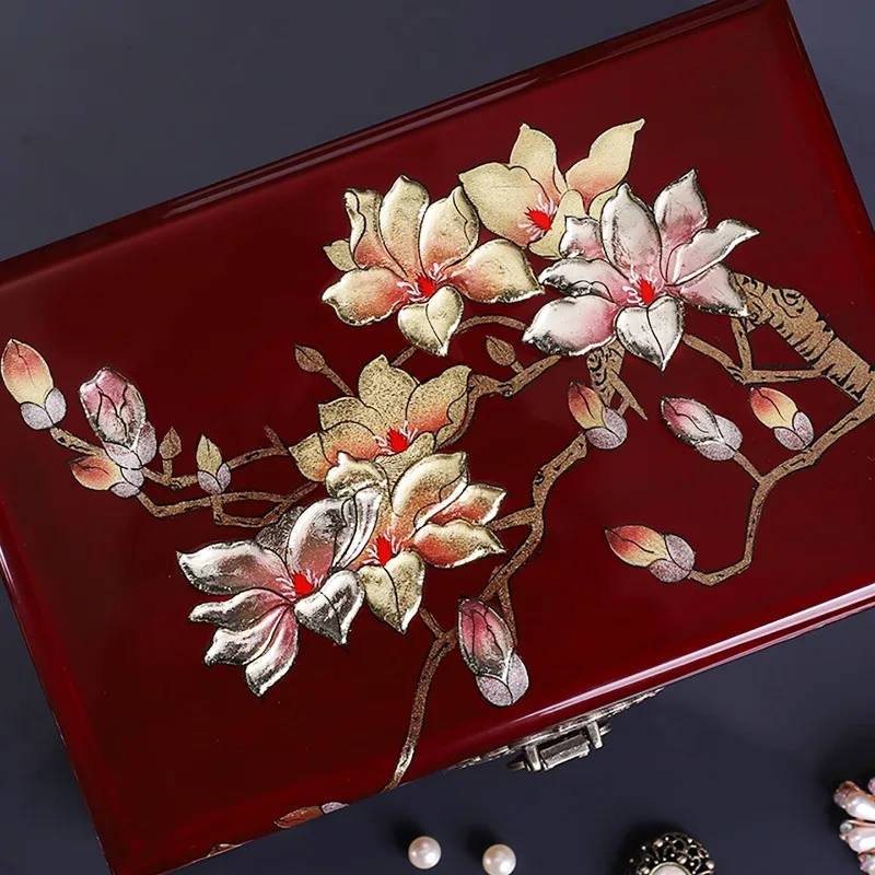 Antique wooden jewelry box, makeup, retro three gold box, jewelry box, push light lacquer, Pingyao Chinese style wedding gift