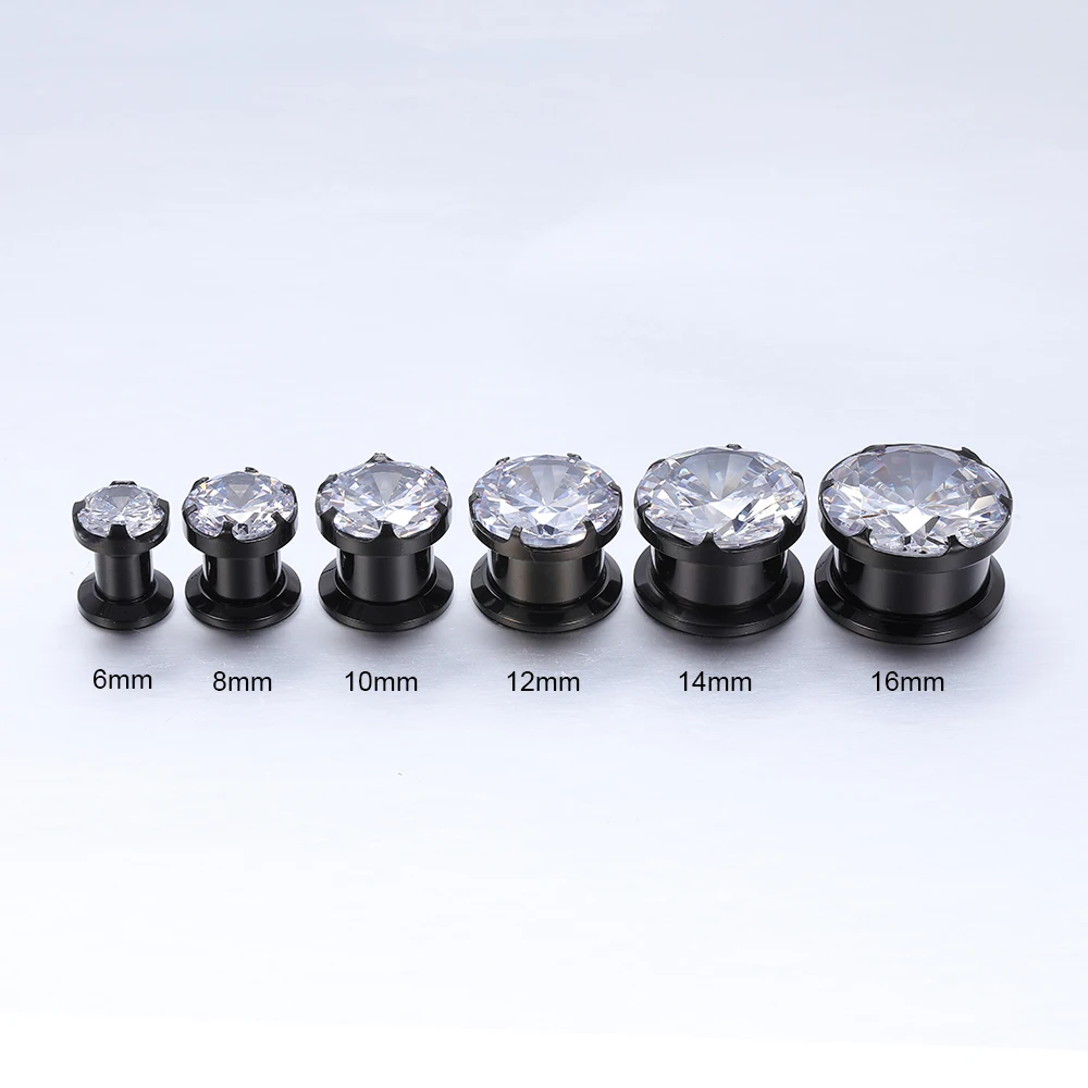 AOEDEJ 1Pair Stainless Steel Ear Tunnel Plugs Zirconia Ear Expander Stretcher Black Crystal Ear Gauges Body Piercing Jewelry