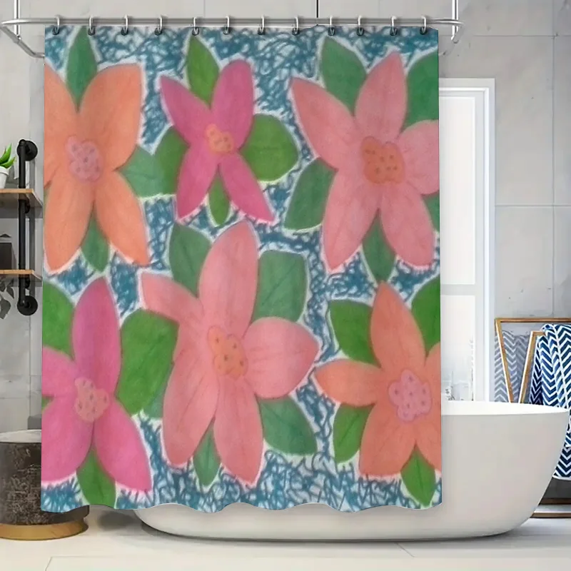

Handmade Watercolor Floral Shower Curtain Pink Flowers for Bathroom Decor Modern Waterproof Fabric, Easy Installation (Size: 69x