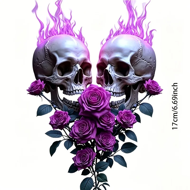 Gothic Purple Flame Double Skull Purple Rose Vinyl Decal, Waterproof UV Resistant Sticker for Car Window Helmet Luggage Decor view 2