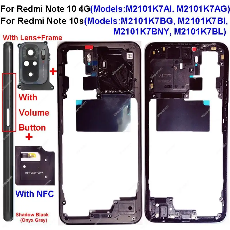 Middle Frame Housing For Xiaomi Redmi Note 10 Note 10S 4G Middle Frame Bezel Holder Cover with Side Buttons Camera Lens NFC Part