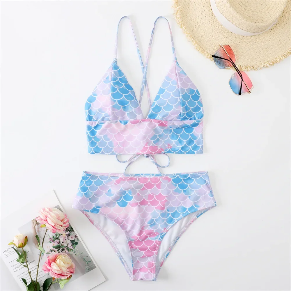 

Scale Print Bikini Set Tie Dye Swimsuit Sexy Sling DrawString Backless Swimwear Y2K Trend Women Two Piece Brazil Beach Bath Suit