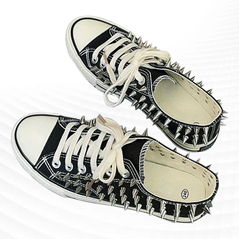 Zapatos de lona de baile callejero punk hip hop con remaches negros hechos a mano, zapatillas cómodas informales de talla grande para hombres y mujeres 35-46